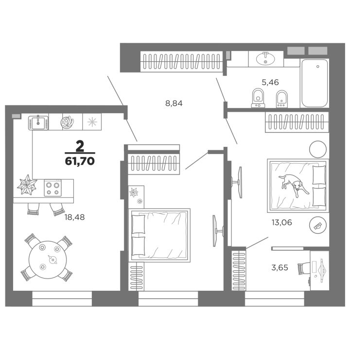 Двухкомнатная квартира в Рязани, 61.70 м² на 6 этаже в Жилой дом Нобель ...