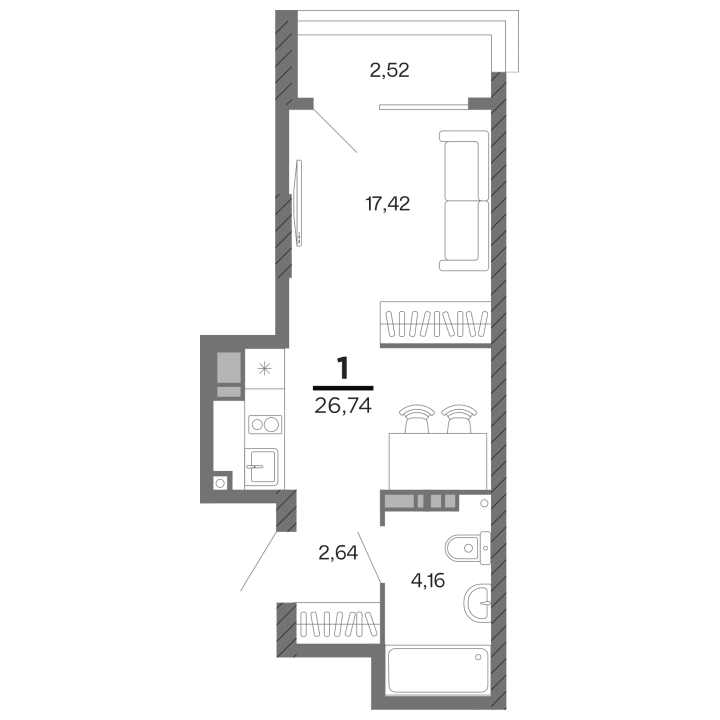 1-комнатная, 26.74 м² — изображение 1