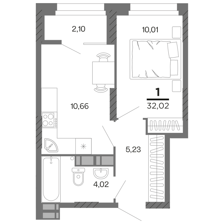 1-комнатная, 32.02 м² — изображение 1