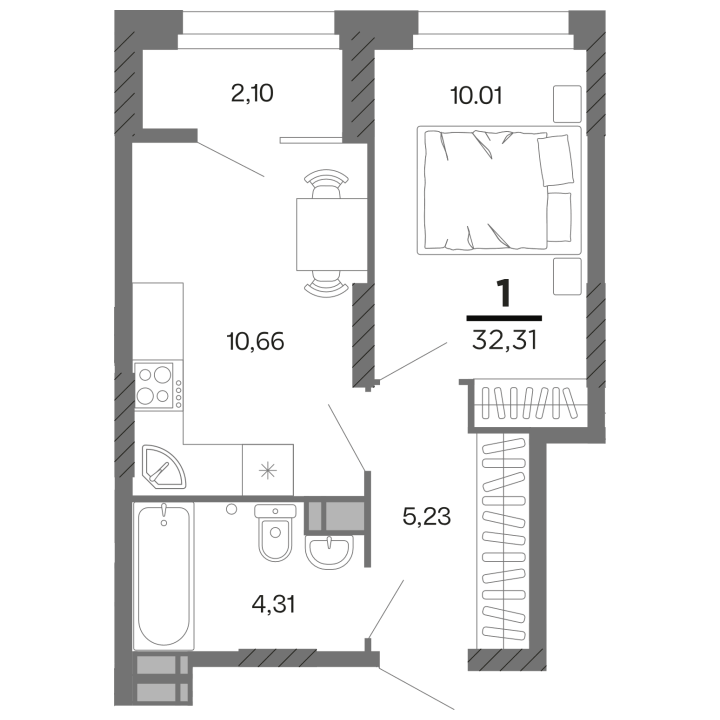 1-комнатная, 32.31 м² — изображение 1