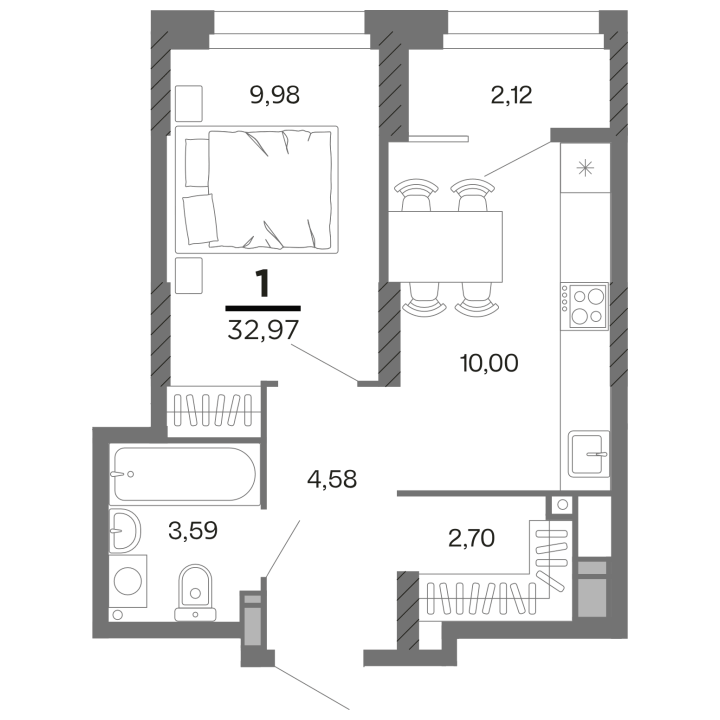 1-комнатная, 32.97 м² — изображение 1