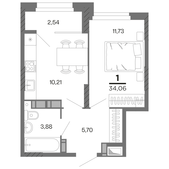 1-комнатная, 34.06 м² — изображение 1