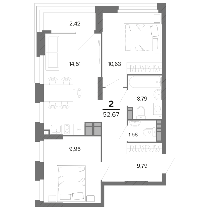 2-комнатная, 52.67 м² — изображение 1
