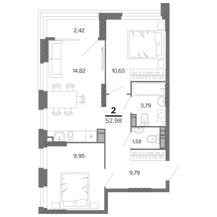 2-комнатная, 52.98 м² — изображение 1