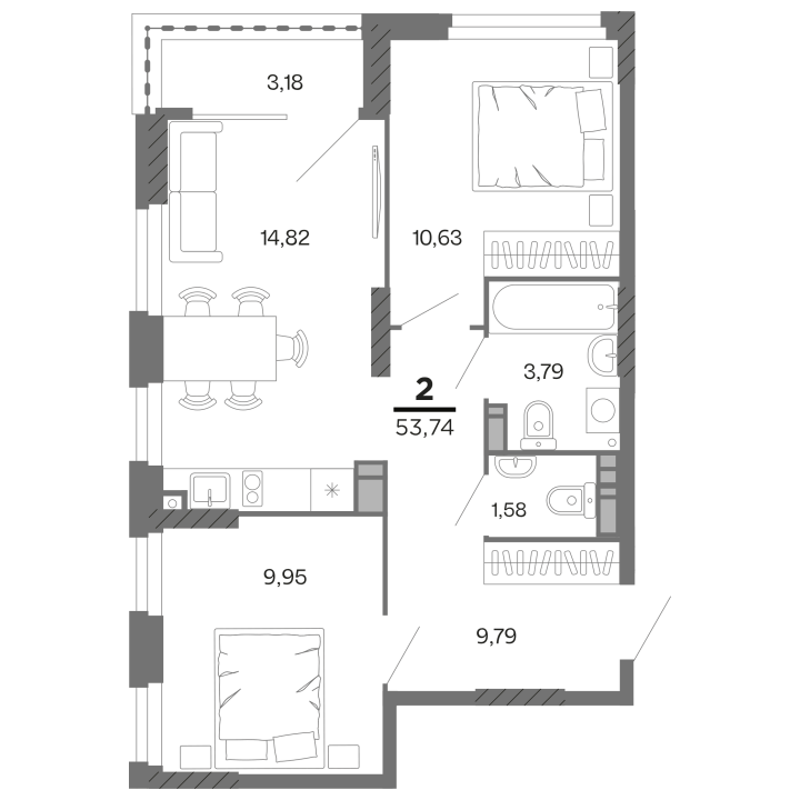 2-комнатная, 53.74 м² — изображение 1