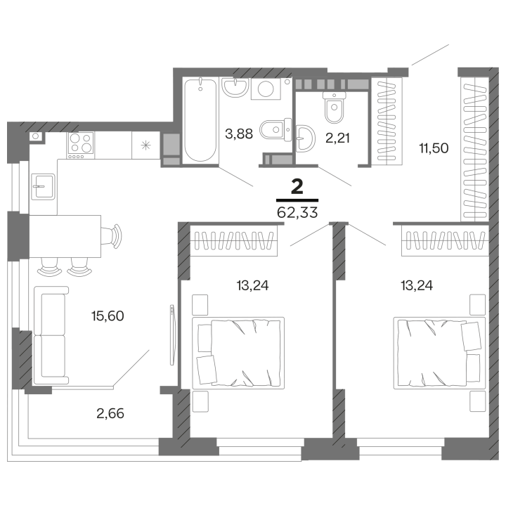 2-комнатная, 62.33 м² — изображение 1