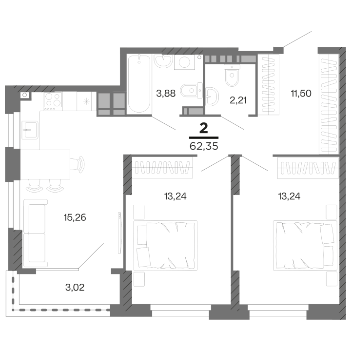 2-комнатная, 62.35 м² — изображение 1