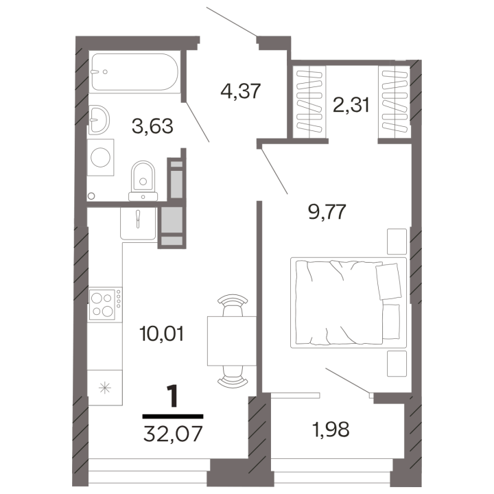 1-комнатная, 32.07 м² — изображение 1