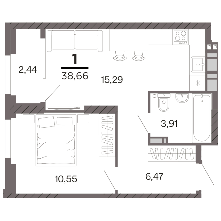 1-комнатная, 38.66 м² — изображение 1