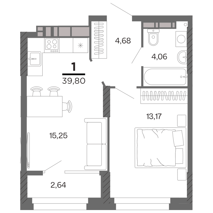 1-комнатная, 39.8 м² — изображение 1