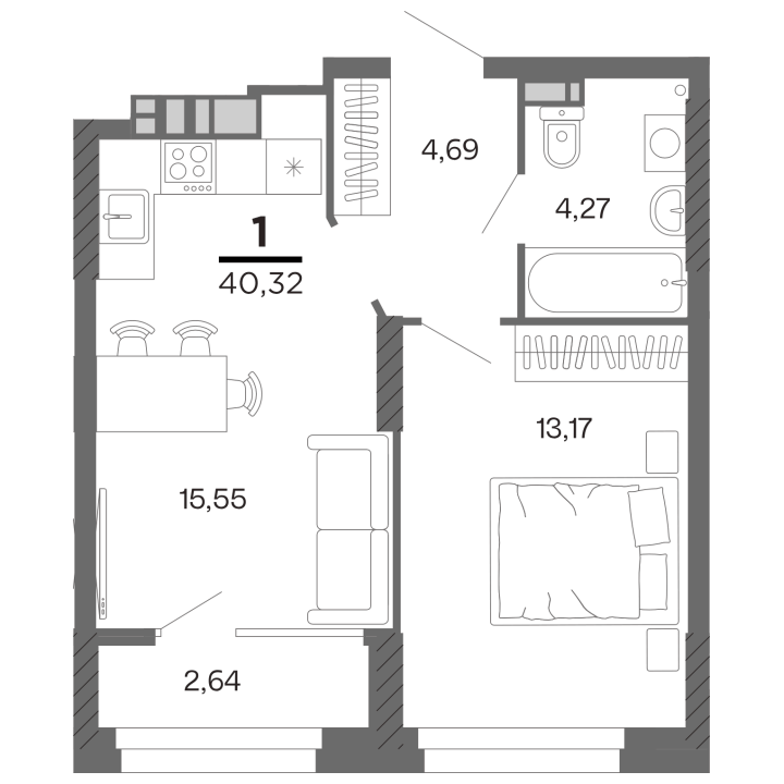 1-комнатная, 40.32 м² — изображение 1