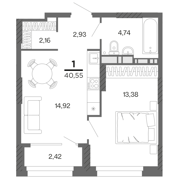 1-комнатная, 40.55 м² — изображение 1