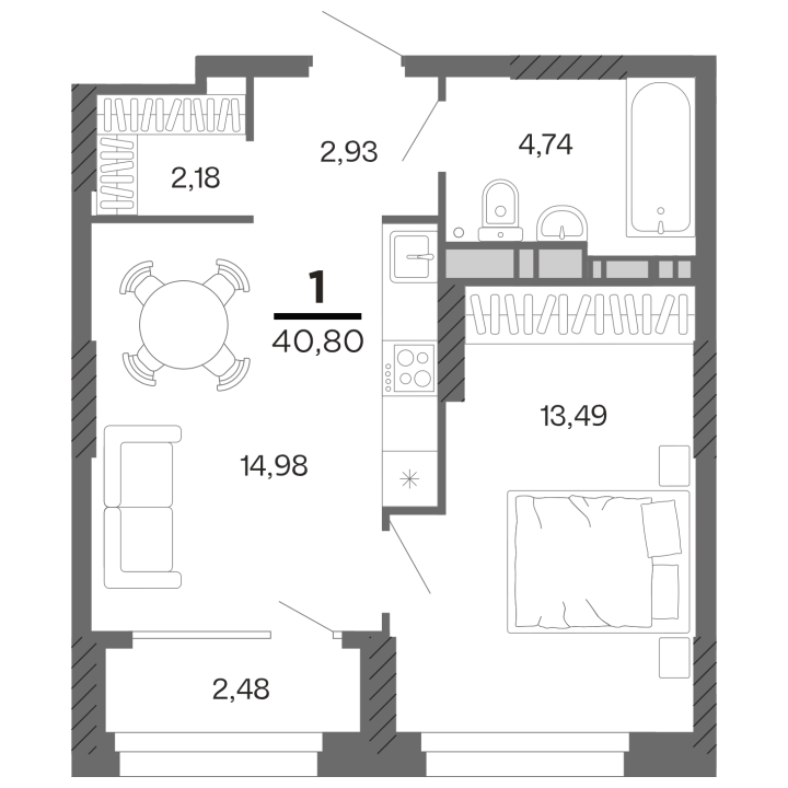 1-комнатная, 40.8 м² — изображение 1