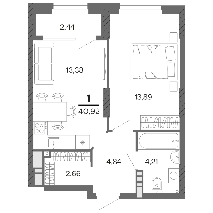 1-комнатная, 40.92 м² — изображение 1