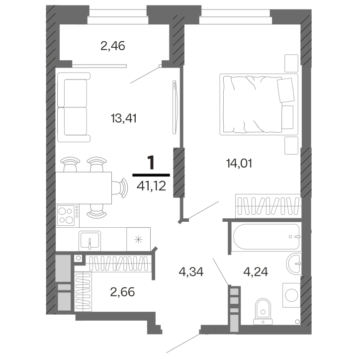 1-комнатная, 41.12 м² — изображение 1