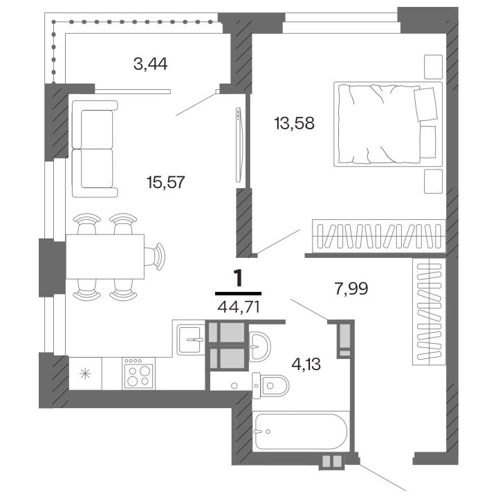 Планировка 1-комнатная, 44.71 м²
