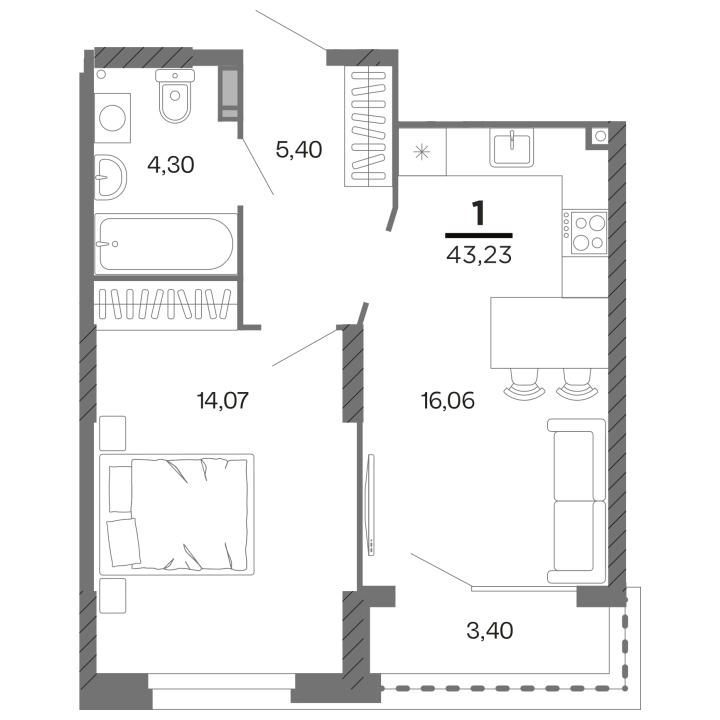 1-комнатная, 42.85 м² — изображение 1