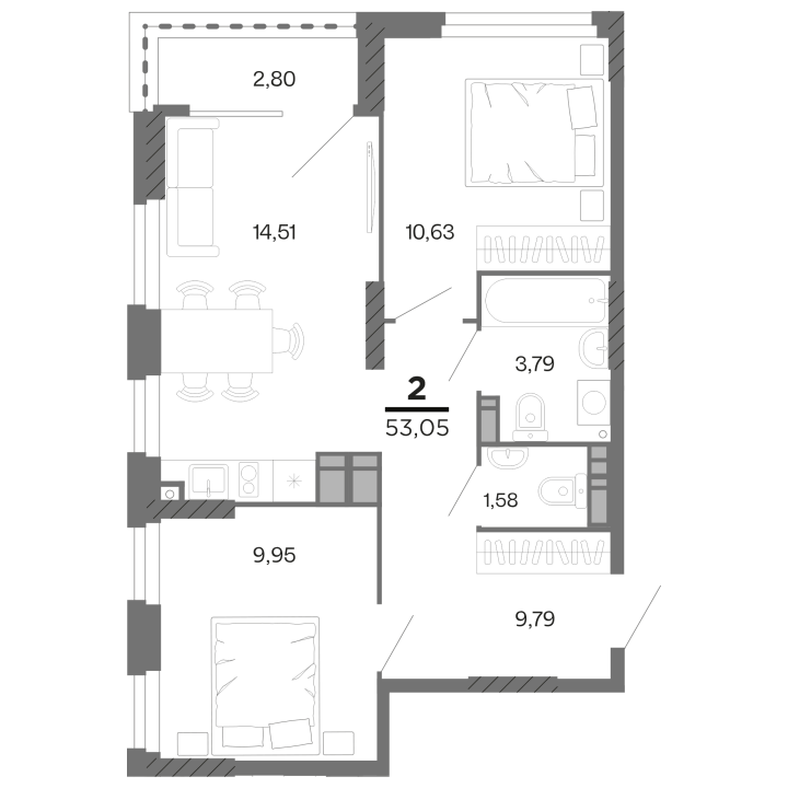 2-комнатная, 53.05 м² — изображение 1