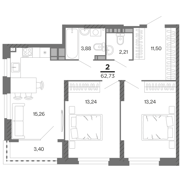 2-комнатная, 62.73 м² — изображение 1